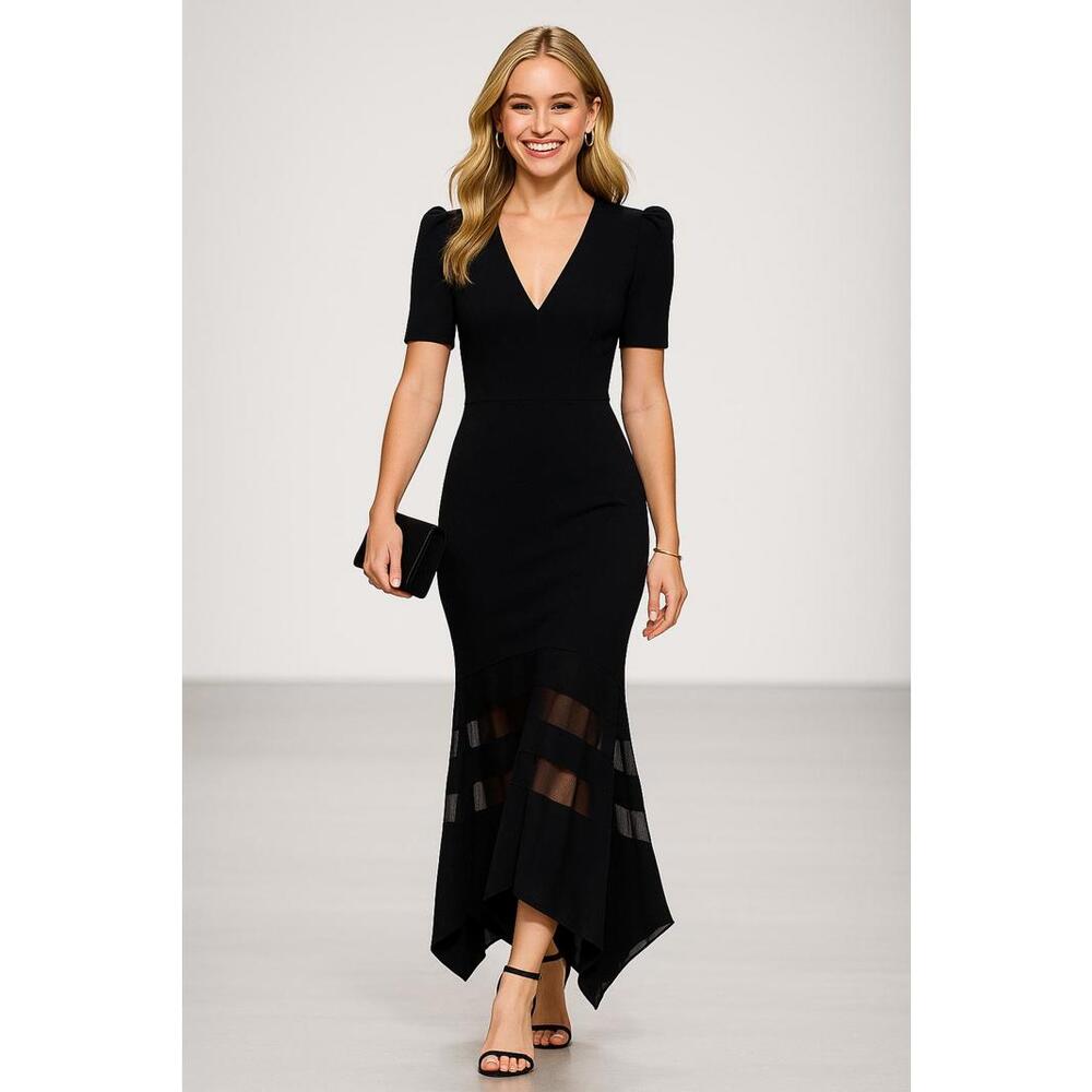 Xscape V-Neck Scuba Gown Black size 6 M  LBD Half Sleeves Prom Mermaid Illusion